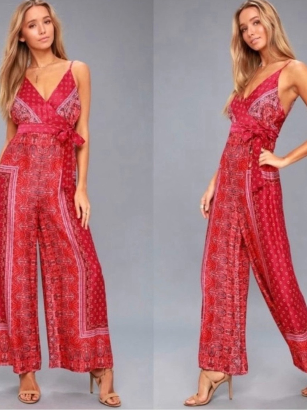 Free People Red Printed V-Neck Wide-Leg Jumpsuit with Tie Waist